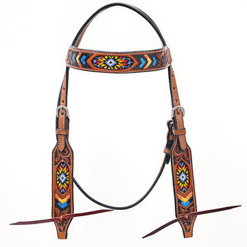Bar H Equine Western Horse Genuine Leather Floral Design Beaded Headstall Brown